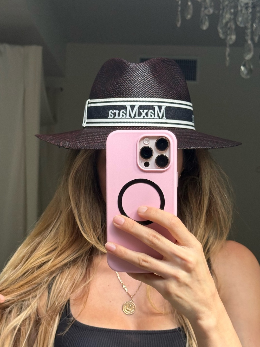 Max Mara Panama Straw Fedora Hat Brown Logo Band Made in Italy Size 58
